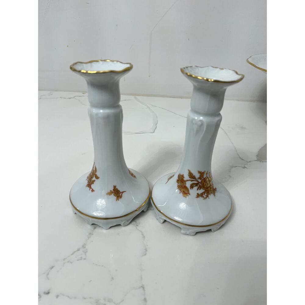Candleholders Limoges France Porcelain White Gold Trim Floral Pair Vtg